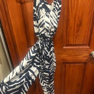 Aqua Navy and White Zebra Patterned Jumpsuit